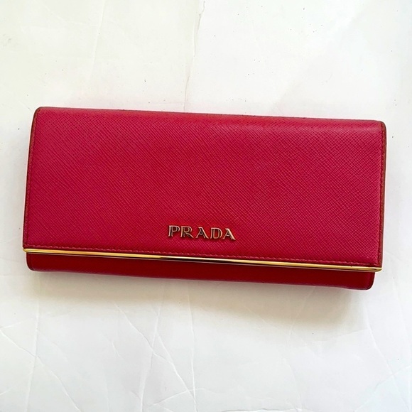 Prada Coral pink/ Peonia gold trim Saffiano leather long wallet - Picture 1 of 13